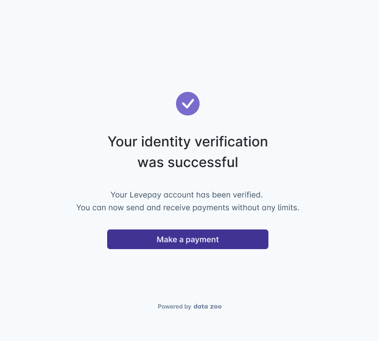 UI depicting a successful verification - 'Your identity verification was successful' text with a button below to continue to payment.