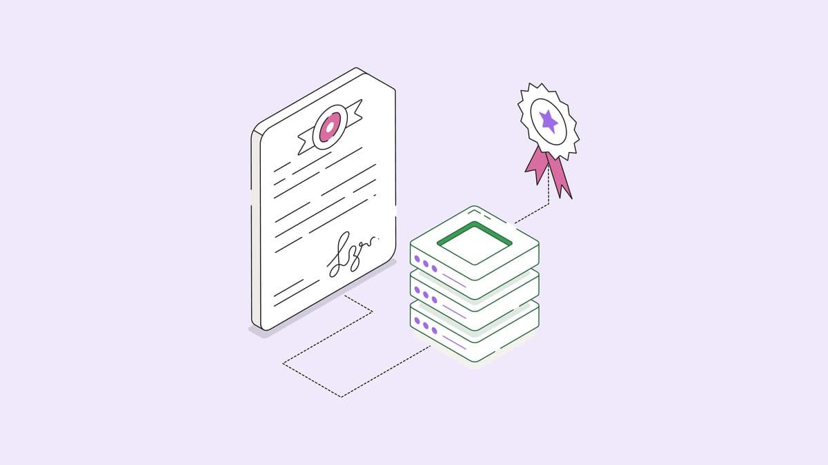 Isometric illustration of a signed certificate linked to a stack of data records and a certification seal