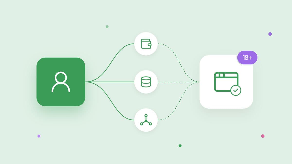 Illustration of a user linked through a digital wallet, a data source and a network of sources to a verified 18+ age check